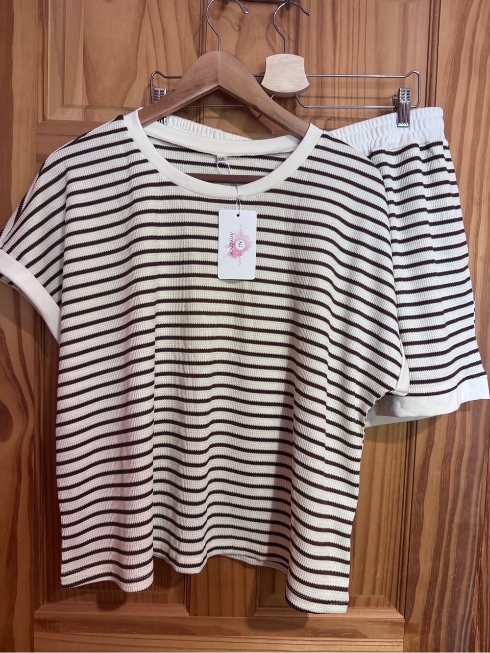 Classic Striped Knit Tee & Shorts Set - Cream & Brown